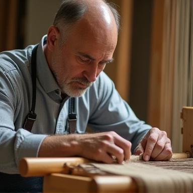Portrait de Marc, un tisserand, travaillant sur un métier à tisser traditionnel avec des fils colorés.